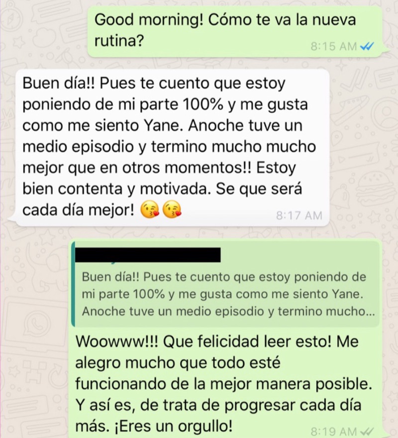 Mensaje de WhatsApp: una clienta cuenta que anoche un episodio difícil terminó mucho mejor y que se siente contenta y motivada