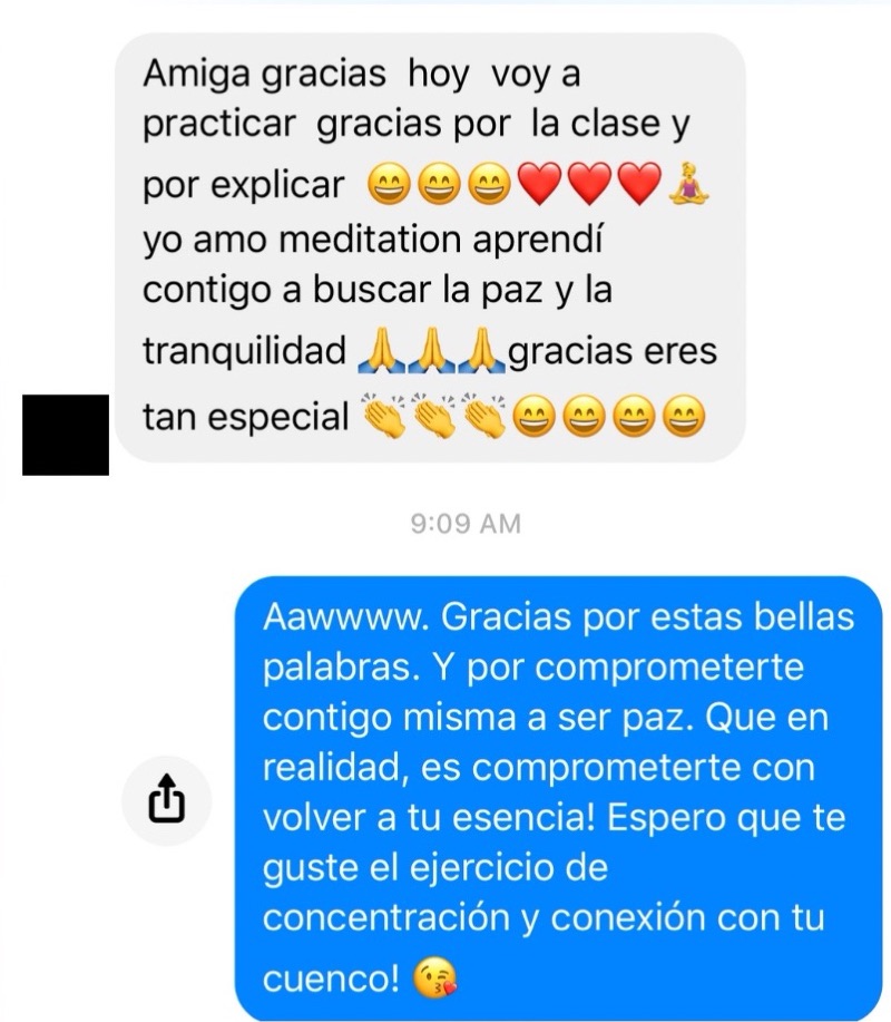 Mensaje de Messenger: una estudiante de meditación le agradece a Yane por enseñarle a buscar la paz y la tranquilidad